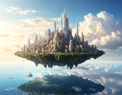 Floating city with futuristic buildings and clouds