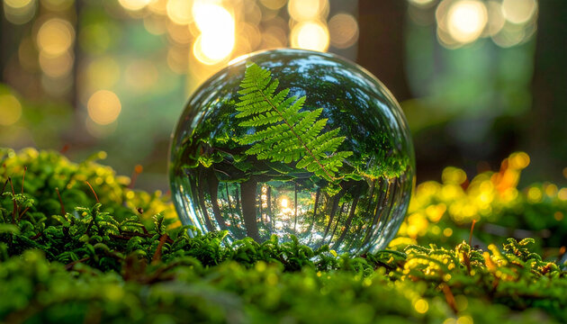 Fern reflected in crystal ball on moss
