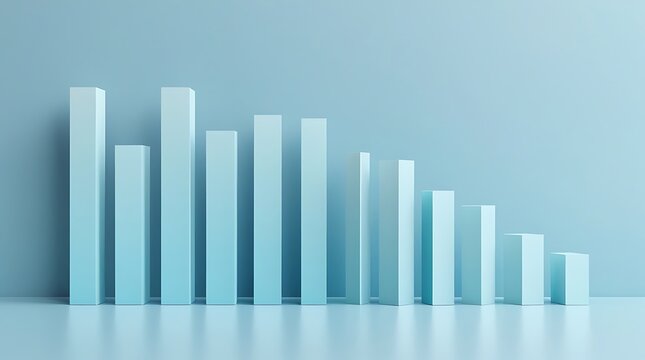 Minimal blue 3d bar chart showing varying levels of height in clean studio environment light.