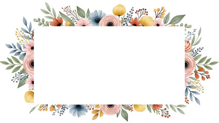 Fototapeta premium Floral border decorative blank canvas with watercolor flowers isolated on a transparent background
