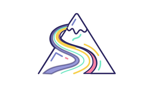 Vibrant graphic of frost-dusted sierra summits featuring a twisting trail. Pristine contoured outline icon with modifiable borders, flexible thickness, and vivid hue accents for modern designs.
