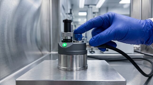 Blue gloved hand adjusting a microscope device in modern laboratory for scientific testing