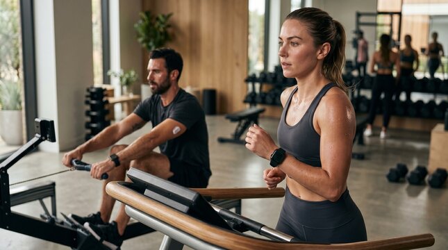 Female athlete rowing on training machine with coach in modern gym, focused workout session