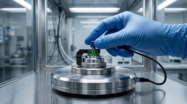 Gloved hand adjusting precision laboratory test device in clean industrial facility