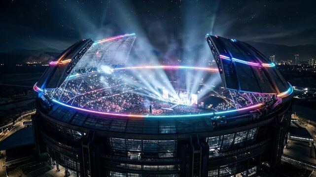 Cinematic Futuristic Arena Roof Opening with RGB Lights - An aerial view showcases a grand, futuristic arena with its roof dramatically opening under a dark, star-filled night sky.