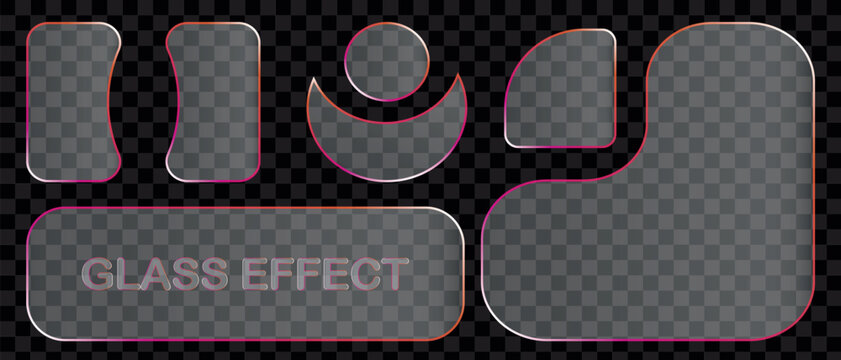 Liquid glass frames and buttons set transparent. Rounded square and circle elements with a glow stroke.