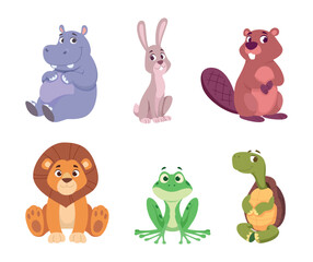 Naklejka premium Cute animals. Vector set with baby tiger koala dolphin monkey and other cartoon pets in playful exact style