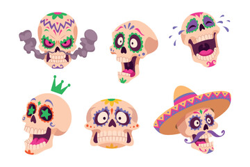 Fototapeta premium Skull doodles. Vector set with funny cartoon skulls bones and spooky exact character elements