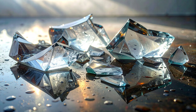 Broken glass pieces reflect light on surface