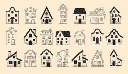 Naklejka premium Doodle houses. Vector set with hand drawn home buildings cute cottages and simple sketch architecture in recent style