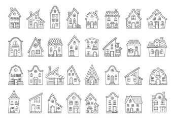 Obraz premium House doodles. Vector collection of cartoon homes with outline details windows roofs and playful recent design elements