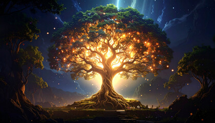Glowing magical tree at night with light orbs
