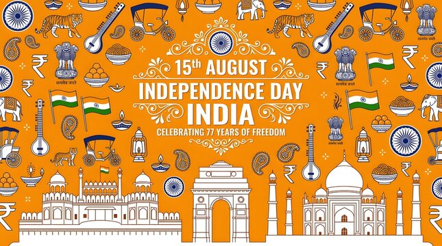Indian independence day illustration with cultural icons and national symbols