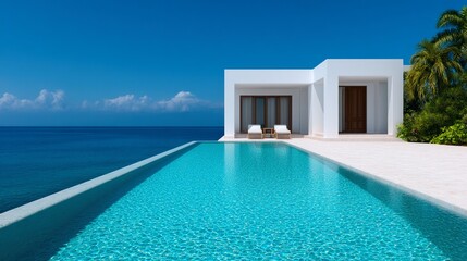 Fototapeta premium A modern white villa overlooks a serene infinity pool that blends seamlessly into the blue ocean under a clear sky.