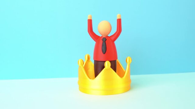 Office worker inside a big crown. An arrogant boss, reveling in power and impunity. Corporate hierarchy, abuse of authority and toxic workplace leadership.
