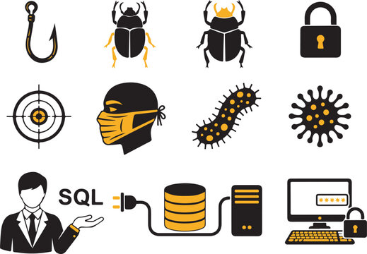 Black Flat Icons Representing Various Concepts Including Security Viruses Data and Crime
