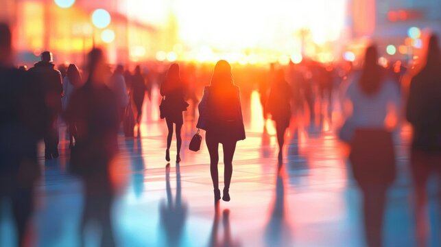 Crowd walks towards bright light in urban setting during evening hours