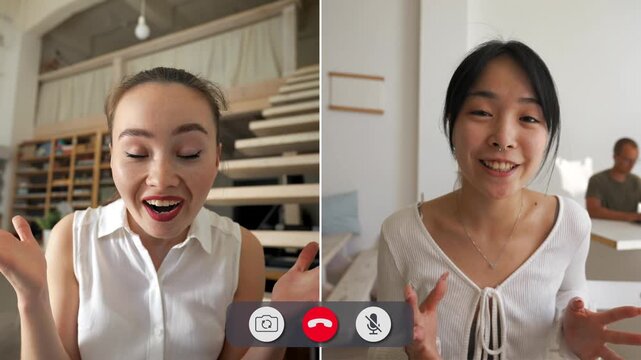 Two students show various emotions during an online call about their recent school projects. The first student appears focused while the second shows excitement.