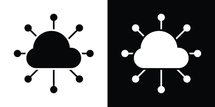 Minimal vector graphic of a central cloud icon connected to multiple peripheral nodes. Perfect concept symbol for internet of things (IoT), cloud networking, distributed data, and global server.