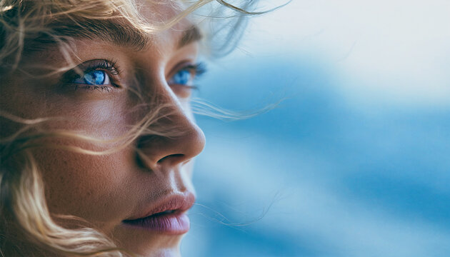 Close Up Portrait of Blonde Woman with Blue Eyes and Hair Blowing in Wind, Natural Beauty and Elegant Female Fashion Photography with Soft Outdoor Light