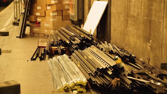 Metallteile und Baumaterial auf unterirdischer Baustelle
