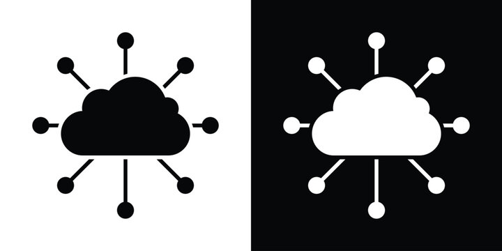 Minimal vector graphic of a central cloud icon connected to multiple peripheral nodes. Perfect concept symbol for internet of things (IoT), cloud networking, distributed data, and global server.