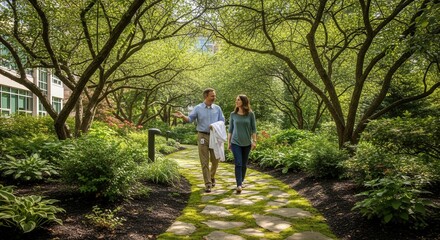 Fototapeta premium People Walking in a Lush Green Garden Path Conversation with Nature