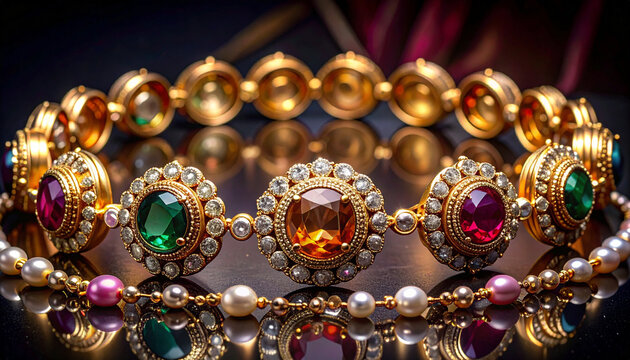 Gold jewelry with colorful gemstones and pearls