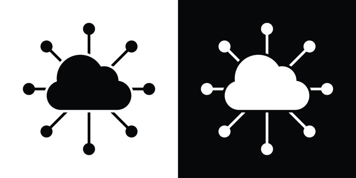 Minimal vector graphic of a central cloud icon connected to multiple peripheral nodes. Perfect concept symbol for internet of things (IoT), cloud networking, distributed data, and global server.