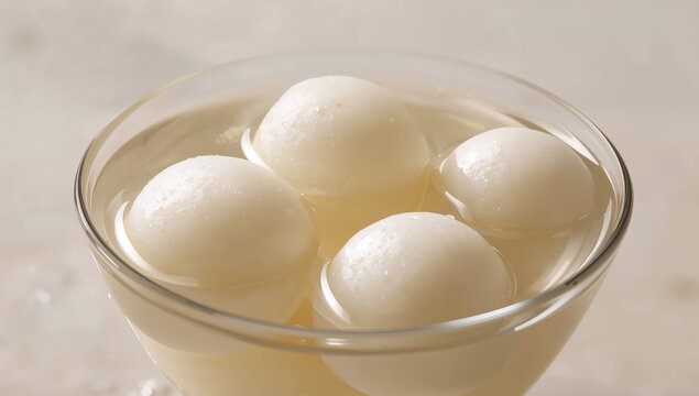 Rasgulla dessert in a bowl of sugar syrup with indian dessert with food photography with sweet dish with light dessert