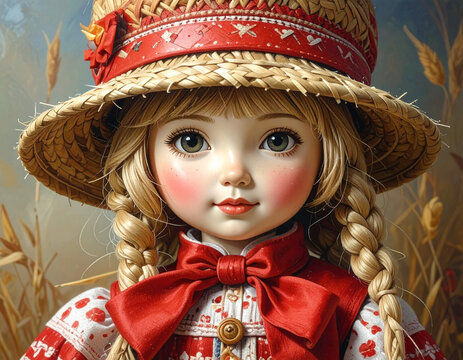 Doll with straw hat and red bow; blond hair
