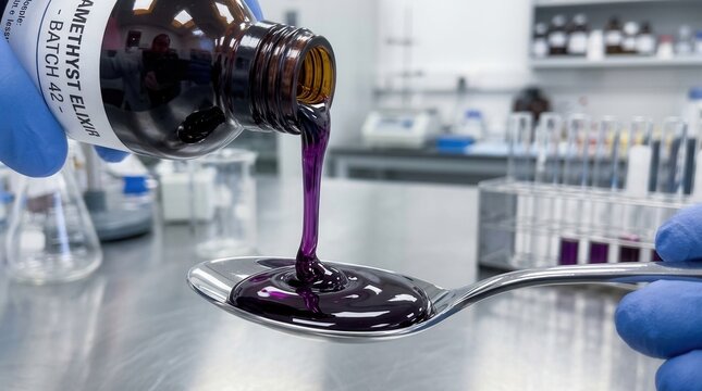 Purple Liquid Poured Into Spoon, Laboratory Setting Depicting Elixir Preparation Procedure