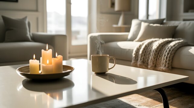 Candles on a plate and a steaming mug rest on a white coffee table in a living room