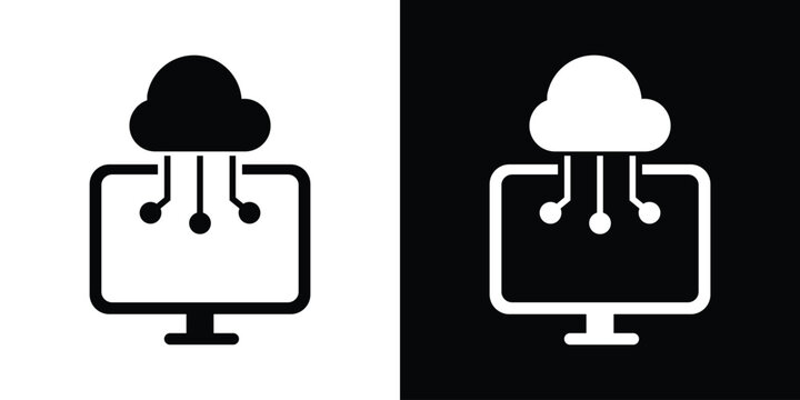 Flat vector icon showing a laptop computer directly connected to a cloud network system. Ideal metaphor for cloud storage backup, SaaS applications, remote computing, and data synchronization.