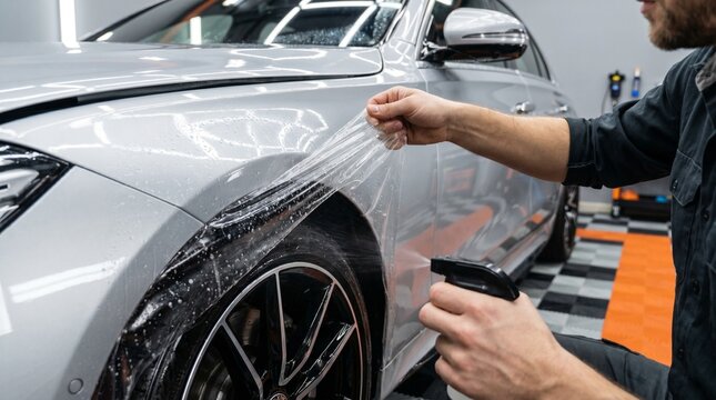 Professional car detailing service, applying a transparent protective paint protection film ppf on a silver luxury car fender in a workshop