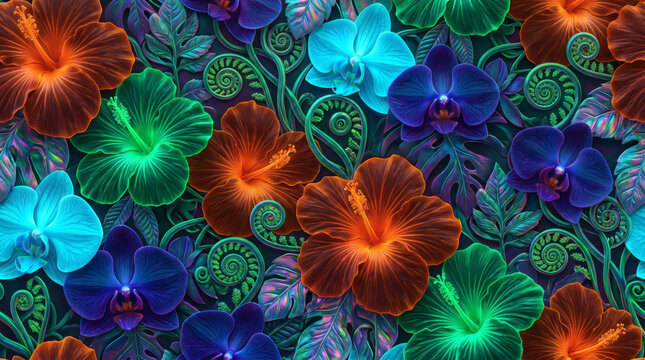 Seamless tropical floral pattern with vibrant hibiscus and orchid flowers on dark background