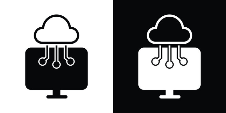 Flat vector icon showing a laptop computer directly connected to a cloud network system. Ideal metaphor for cloud storage backup, SaaS applications, remote computing, and data synchronization.