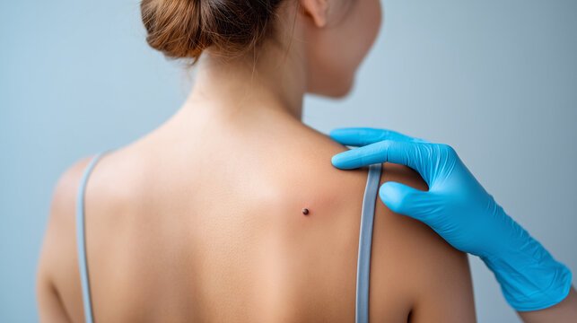 Dermatologist examining a realistic mole on a woman&acirc;s upper back, close-up skin cancer screening, blue medical glove, gray camisole straps, clean clinical light, ultra-realistic he