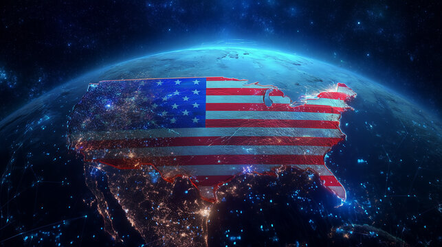 Digital United States map overlay on Earth from space, American flag texture, global network, national technology, cybersecurity, data connection and USA infrastructure concept. Un