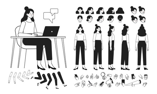 Minimal black and white woman character working at desk with laptop. Includes turnaround sheet, expression set, hand gestures and pose collection for business and office illustrations.