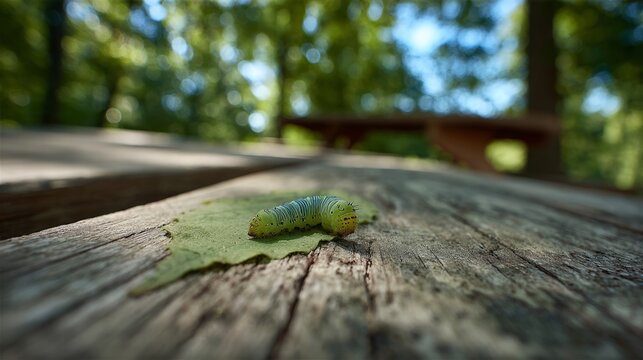 Tiny green caterpillar crawls on a leaf atop weathered wood. Dappled sunlight filters through lush forest trees behind. Blurred background draws focus to the creature's delicate movement