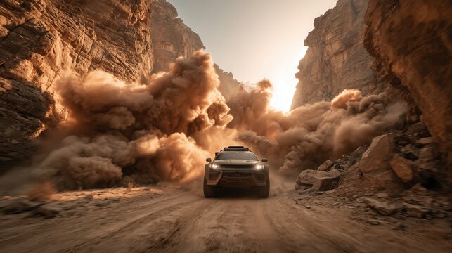 Futuristic off road rally truck drifting through desert canyon as massive rockfall crashes down behind at sunset