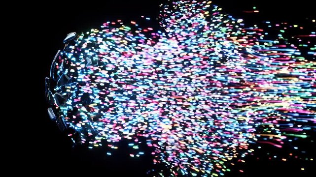 Futuristic Soccer Ball Morphing into RGB Particles - A sleek, futuristic soccer ball, detailed with geometric panels and glowing blue lines, is shown in motion against a stark black background.