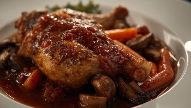 Rich coq au vin, classic french chicken stew with vegetables and red wine sauce, served in a bowl, french cuisine, comfort food, main course, slow cooked, food photography, home cooking, international