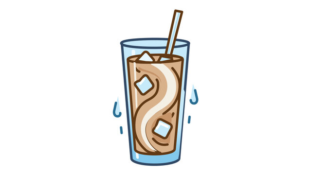 Chilled java beverage vector with frozen cubes, sipper, and moisture beads. This multi-colored outlined illustration features adjustable stroke weights for refreshing summer cafe menu designs.