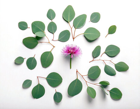 Pink eucalyptus flower surrounded by eucalyptus leaves on a white background.