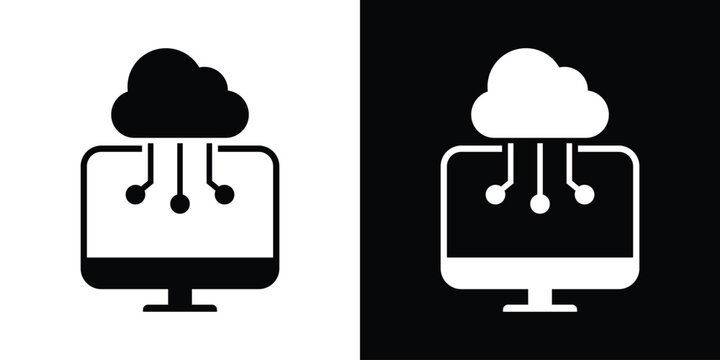 Flat vector icon showing a laptop computer directly connected to a cloud network system. Ideal metaphor for cloud storage backup, SaaS applications, remote computing, and data synchronization.