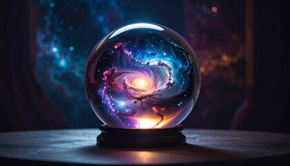 Glowing galaxy swirling in crystal ball