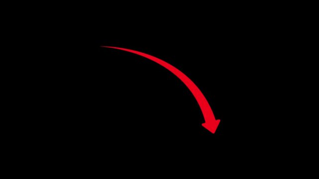 Minimalist red arrow pointing down animation - business financial loss and stock market crash chart line loop on black background.