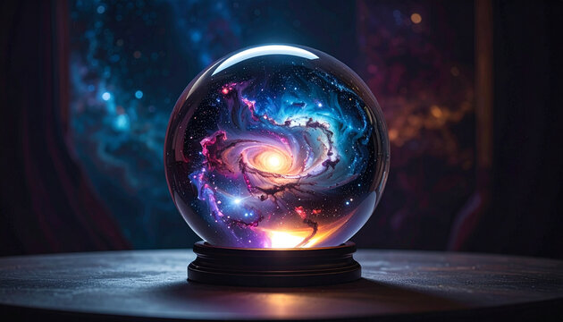 Glowing galaxy swirling in crystal ball